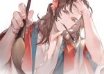  1boy adjusting_hair brown_eyes brown_hair chinese_clothes flower hair_flower hair_ornament hand_on_own_head hands_up hanfu holding holding_paintbrush light_particles long_hair looking_at_viewer male_focus one_hundred_scenes_of_jiangnan paintbrush painting_(action) pink_flower red_flower robe shuaigegentou simple_background solo tang_yin white_background 