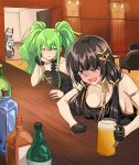  4girls alcohol beer beer_mug black_dress black_gloves bottle breasts brown_eyes cleavage collarbone cup dress elbow_rest girls&#039;_frontline gloves green_hair head_rest heterochromia highres holding holding_cup indoors large_breasts light_blue_hair long_hair m4_sopmod_ii_(girls&#039;_frontline) m950a_(concert_diva!)_(girls&#039;_frontline) m950a_(girls&#039;_frontline) mug multiple_girls official_alternate_costume open_mouth peeking_out pink_hair qub_dlfr ro635_(enforcer_of_the_law)_(girls&#039;_frontline) ro635_(girls&#039;_frontline) sitting sleeveless sleeveless_dress thunder_(girls&#039;_frontline) twintails yellow_eyes 