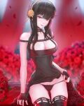  1girl bangs bare_shoulders black_dress black_hair black_panties blurry blurry_background bow bow_panties breasts cleavage dress fingerless_gloves flower gloves gold_hairband hairband highres large_breasts long_hair looking_at_viewer mcdobo panties petals red_eyes rose smile solo spy_x_family thighhighs two-sided_dress two-sided_fabric underwear yor_briar 