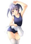  1girl arm_up bangs blue_hair blue_swimsuit blush clothes_lift collarbone commentary_request feet_out_of_frame head_tilt headband highres holding holding_clothes holding_skirt lifted_by_self maid old_school_swimsuit one-piece_swimsuit open_mouth original purple_eyes school_swimsuit shibacha short_twintails simple_background skirt skirt_lift smile solo standing swimsuit thighhighs twintails white_background white_footwear white_headband white_skirt 