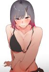  1girl absurdres arm_behind_back arm_grab arm_support bangs bikini black_bikini black_hair blush breasts cleavage closed_mouth collarbone commentary_request gradient_hair hair_ornament hairclip highres kosmo1214 large_breasts looking_at_viewer medium_hair multicolored_hair original outstretched_arm red_eyes red_hair sitting solo_focus sweat swimsuit two-tone_hair 