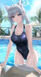  1girl absurdres animal_ears blue_archive blue_eyes breasts competition_swimsuit hair_ornament hairclip highres looking_at_viewer one-piece_swimsuit open_mouth piercing ponytail pool poolside shiroko_(blue_archive) shiroko_(swimsuit)_(blue_archive) solo swimsuit wet wet_hair yato_(yama0x1) 