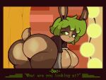  anthro bec_(lobokosmico) big_breasts big_butt black_clothing black_shirt black_topwear bodily_fluids breasts brown_body brown_fur butt butt_heart clothed clothing curtains dialogue female fur green_eyes green_hair hair hi_res huge_butt lagomorph leporid lights looking_at_viewer mammal rabbit raised_clothing raised_shirt raised_topwear rear_view shirt short_stack solo sweat sweatdrop talking_to_viewer tan_body tan_fur text thick_thighs topwear wide_hips windreg1 