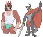  abs anthro bottomwear canid canine canis cape claws clothing collar dragon hair hi_res horn jrjresq loincloth male mammal melee_weapon muscular muscular_male shirt sword tank_top toe_claws topwear weapon wolf 