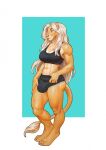  abs anthro athletic athletic_female athletic_intersex athletic_wear bulge digitigrade felid female gynomorph hair hi_res intersex leandra_farai lion mammal pantherine panty_bulge solo toned_gynomorph white_hair 