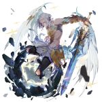  1boy black_pants closed_mouth fantasy floating grey_hair highres holding holding_sword holding_weapon looking_at_viewer low_wings male_focus original pants pointy_ears simple_background solo sword weapon white_background wings yellow_eyes yeon_bom 