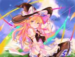  1girl apron bangs black_headwear black_skirt black_vest blonde_hair blurry blurry_background bow braid cloud cloudy_sky commentary_request cowboy_shot frilled_apron frilled_hat frills hair_bow hand_on_headwear hat hat_bow kirisame_marisa long_hair looking_at_viewer mini-hakkero pfallen puffy_short_sleeves puffy_sleeves shirt short_sleeves signature single_braid skirt sky smile solo touhou vest waist_apron white_bow white_shirt witch_hat wristband yellow_eyes 