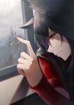  1girl absurdres animal_ears arknights black_hair cameo close-up exusiai_(arknights) hand_up highres jiusan_naitan long_sleeves portrait rain red_sweater solo sweater texas_(arknights) window wolf_ears wolf_girl yellow_eyes 