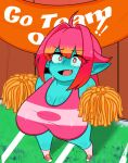  adelia_(changbae) big_breasts bodily_fluids breasts cheerleader cleavage clothed clothing female goblin huge_breasts humanoid not_furry pom_poms scocks4you solo sweat 