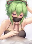  1boy 1girl arm_behind_head arm_up armpits artist_name bed_sheet blush breasts brown_nails censored fingernails genshin_impact green_hair hair_between_eyes hair_ribbon hetero highres imminent_fellatio kimoshi kuki_shinobu large_breasts long_fingernails male_pubic_hair mask mosaic_censoring nail_polish penis pubic_hair purple_eyes red_ribbon ribbon short_hair simple_background solo_focus sweat upper_body v-shaped_eyebrows white_background x-ray 