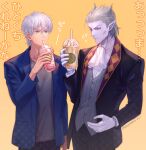  2boys ascot blue_eyes blue_jacket cape dorausu_(kyuuketsuki_sugu_shinu) drinking formal gloves grey_hair holding jacket kyuuketsuki_sugu_shinu male_focus multiple_boys numahidoi pants pointy_ears ronaldo_(kyuttetsuki_sugu_shinu) short_hair spiked_hair vampire vest white_hair yellow_background 