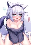  1girl ahoge animal_ear_fluff animal_ears bangs blush braid breasts cleavage deaver ear_piercing fang fox_ears fox_girl fox_tail green_eyes hair_between_eyes hairband highres hololive large_breasts long_hair looking_at_viewer open_mouth oruyanke_(shirakami_fubuki) piercing shirakami_fubuki sidelocks single_braid solo sweater tail virtual_youtuber white_hair 