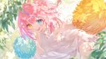  1girl :d bare_arms blue_eyes blue_hair blush breasts heterochromia highres holding holding_pom_poms kurumizawa_momo_(noripro) looking_at_viewer medium_breasts multicolored_hair noripro pink_hair pom_pom_(cheerleading) rin31153336 smile solo streaked_hair yellow_eyes 