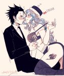  1boy 1girl annlu_vazzel artist_name black_bra black_hair blue_hair blue_skirt bra breasts cup dated drinking_glass fairy_tail flying_sweatdrops formal gray_fullbuster hat heart hetero juvia_lockser medium_breasts necktie skirt smile strap_pull suit sweat thighhighs underwear wine_glass 