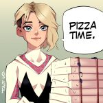  1girl artist_name blonde_hair blue_eyes bodysuit closed_mouth english_text eyebrow_piercing gwen_stacy marvel meme parody piercing pizza_box pizza_delivery short_hair spider-gwen spider-man:_into_the_spider-verse spider-man_(series) spider-man_2 spider_web_print talt_lo undercut white_bodysuit 