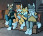  anthro canid canine canis clothing domestic_dog fox furniture german_shepherd group herding_dog male mammal pandapaco pastoral_dog sofa stairs wolf 