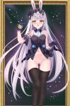  1girl absurdres animal_ears ass_visible_through_thighs azur_lane bangs bare_shoulders black_legwear blue_dress blue_gloves blush bottomless breasts dress drooling frilled_gloves frills fuying_sanbing gloves heart heart-shaped_pupils heavy_breathing highres holding holding_pocket_watch light_purple_hair long_hair navel no_panties no_pants pocket_watch pussy pussy_juice rabbit_ears saliva shimakaze_(azur_lane) shimakaze_(the_white_rabbit_of_wonderland)_(azur_lane) small_breasts solo standing stomach symbol-shaped_pupils thigh_gap thighhighs thighs tongue tongue_out very_long_hair watch yellow_eyes 