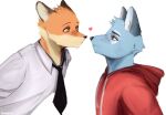  &lt;3 2022 anthro black_nose black_tie_(suit) blue_body blue_fur brown_eyes canid canine canis clothing duo eye_contact fox fur hoodie looking_at_another male mammal orange_body orange_fur ray_(vkontakte) red_clothing red_eyes red_hoodie red_topwear ron_(vkontakte) shirt simple_background smile suit szoch topwear vkontakte white_clothing white_shirt white_topwear wolf 