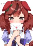  1girl animal_ears blush brown_eyes brown_hair ear_covers flying_sweatdrops highres holding holding_letter horse_ears horse_girl horse_tail inuyama_nanami letter love_letter medium_hair nice_nature_(umamusume) puffy_short_sleeves puffy_sleeves red_hair school_uniform short_sleeves simple_background solo tail tracen_school_uniform two_side_up umamusume upper_body white_background 