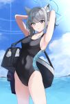  1girl absurdres animal_ears arms_up bag bangs beru3 blue_archive blue_eyes blue_sky blue_swimsuit cat_ears cloud cloudy_sky commentary_request hair_ornament hairclip highres holding holding_hair looking_at_viewer ocean one-piece_swimsuit open_mouth parted_lips ponytail school_swimsuit shiroko_(blue_archive) shiroko_(swimsuit)_(blue_archive) short_hair sky solo standing sunlight swimsuit water white_hair 
