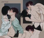  1boy 1girl abs annlu_vazzel artist_name black_bra black_hair blush bra breasts brown_hair dated eren_yeager hetero highres kiss kissing_stomach medium_breasts medium_hair mikasa_ackerman muscular muscular_male nude open_clothes open_shirt shingeki_no_kyojin sweat toned underwear 