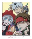  3boys blue_eyes blush brown_eyes brown_hair bubble_tea cross dreadlocks drinking_straw earrings fedora hat headband highres jacket jewelry kyuuketsuki_sugu_shinu long_hair looking_at_viewer male_focus multiple_boys nail_hair_ornament open_mouth red_jacket ronaldo_(kyuttetsuki_sugu_shinu) satetsu_(kyuuketsuki_sugu_shinu) scar scar_on_face shaded_face shot_(kyuuketsuki_sugu_shinu) smile spiked_hair stud_earrings thumbs_up yukichi_nandana 