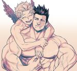  2boys bara blush boku_no_hero_academia burn_scar closed_eyes closed_mouth endeavor_(boku_no_hero_academia) feathered_wings hawks_(boku_no_hero_academia) hug hug_from_behind large_pectorals looking_at_another male_focus multiple_boys muscular muscular_male nipples open_mouth pectorals scar scar_on_face smile wings yaoi yococco 
