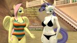  3d_(artwork) anthro anthrofied bikini breasts clothing dialogue digital_media_(artwork) duo equid equine feathers female fluttershy_(mlp) friendship_is_magic hi_res horn mammal my_little_pony one-piece_swimsuit papadragon69 pegasus rarity_(mlp) stairs swimwear unicorn wings yellow_body yellow_feathers 