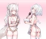  2girls :q apron ass bangs bare_shoulders blush breasts chocolate chocolate_making choker collarbone cooking dragon_horns dragon_tail food gradient gradient_background grey_hair heart_pasties highres holding holding_whisk horns licking_lips long_hair looking_at_viewer medium_breasts mixing_bowl multiple_girls naked_apron original panties pasties pink_background saint_uvuv short_hair side-tie_panties small_breasts string_panties tail thighhighs thighs tongue tongue_out underwear valentine whisk white_hair white_legwear 