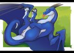  animal_genitalia anus belly_up blue_body blue_tail blue_wings dragon female feral genitals glax hi_res horn membrane_(anatomy) membranous_wings orange_eyes pinup pose pussy selaena simple_background solo sprawling tongue tongue_out wings 
