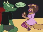  anthro big_butt bottomless burger butt canid canine canis clothed clothing comic domestic_dog dragon female food hi_res holding_food holding_object huge_butt july_shepherd_(nokamiwd) kian_donavah_(nokamiwd) legwear male mammal nokamiwd open_mouth pawpads scalie simple_background smile stockings tail_motion tailwag thick_thighs tongue topwear topwear_only western_dragon wide_hips 