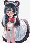  1girl alternate_costume animal_ears apron bear_ears black_dress black_hair braid breasts cleavage dress enmaided fake_animal_ears frilled_apron frilled_dress frills glasses grey_eyes highres hinami_riku long_hair looking_at_viewer love_live! love_live!_nijigasaki_high_school_idol_club low_twintails maid maid_apron maid_headdress medium_breasts nakagawa_nana open_mouth puffy_short_sleeves puffy_sleeves red-framed_eyewear semi-rimless_eyewear short_sleeves smile solo twin_braids twintails under-rim_eyewear white_apron wrist_cuffs yuuki_setsuna_(love_live!) 