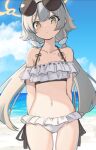  1girl ass_visible_through_thighs bare_shoulders bikini blue_archive blue_sky blush brown_eyes brown_hair closed_mouth cloud collarbone commentary_request cowboy_shot day eyewear_on_head frilled_bikini frills halo hifumi_(blue_archive) hifumi_(swimsuit)_(blue_archive) looking_at_viewer low_twintails natsuki_teru navel outdoors ribbon-trimmed_bikini round_eyewear sky solo standing sunglasses swimsuit twintails white_bikini 
