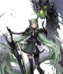  1girl cropped daeraeband dress green_dress green_eyes green_hair highres holding holding_sword holding_weapon long_hair looking_at_viewer original parted_lips prosthesis prosthetic_arm prosthetic_leg single_thighhigh solo standing sword thighhighs weapon white_background 