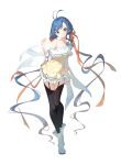  1girl :o absurdly_long_hair absurdres antenna_hair bangs black_thighhighs blue_eyes blue_hair breasts dress frilled_dress frills full_body garter_straps hair_ribbon highres long_hair looking_at_viewer mishuo_(misuo69421) off_shoulder orange_ribbon original parted_lips ribbon shoes simple_background single_bare_shoulder small_breasts solo twintails very_long_hair white_background yellow_dress 
