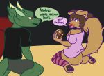  anthro big_butt bottomless burger butt canid canine canis clothed clothing comic domestic_dog dragon female food hi_res holding_food holding_object huge_butt july_shepherd_(nokamiwd) kian_donavah_(nokamiwd) legwear male mammal nokamiwd open_mouth pawpads raised_tail scalie simple_background smile stockings tail_motion tailwag thick_thighs tongue topwear topwear_only western_dragon wide_hips 