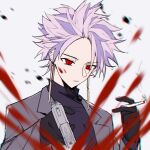  1boy :| black_gloves blood blood_spray chinese_commentary chromatic_aberration cigarette closed_mouth commentary_request earrings eyes_visible_through_hair gloves grey_jacket gun hand_up highres holding holding_cigarette holding_gun holding_weapon jacket jewelry kino_kazumi long_sleeves male_focus multicolored_hair pink_hair purple_hair purple_sweater red_eyes saibou_shinkyoku short_hair smoke smoking solo spiked_hair suit_jacket sweater theodore_riddle turtleneck turtleneck_sweater two-tone_hair weapon white_background 