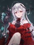  1girl :o absurdres arknights ascot bare_shoulders black_ascot black_gloves bracelet breasts detached_sleeves dress gloves grey_hair highres holding holding_staff hoyuring jewelry knee_up large_breasts long_hair long_sleeves looking_at_viewer no_hat no_headwear open_mouth red_dress red_eyes sitting skadi_(arknights) skadi_the_corrupting_heart_(arknights) solo staff very_long_hair wide_sleeves 