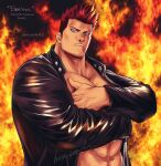  1boy abs artist_name bara black_jacket blue_eyes boku_no_hero_academia burn_scar closed_mouth covering covering_chest endeavor_(boku_no_hero_academia) facial_hair jacket large_pectorals male_focus muscular muscular_male open_clothes open_jacket pectorals red_hair scar scar_on_face short_hair solo upper_body yococco 