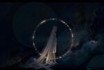  1girl absurdly_long_hair bare_arms barefoot breasts circle dated dress from_side glowing hengwen letterboxed light_particles long_hair original outside_border pregnant signature solo standing straight_hair train_(clothing) very_long_hair white_dress white_hair wide_shot 