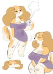  anthro big_breasts boss_(puppkittyfan1) bottomless breasts brown_body brown_ear brown_fur brown_hair brown_tail canid canine canis cleavage clothed clothing domestic_dog female fur hair hi_res holding_object mammal markings multicolored_body multicolored_fur open_mouth puppkittyfan1 purple_clothing solo thick_thighs topwear topwear_only two_tone_body two_tone_fur two_tone_tail white_body white_fur white_tail wide_hips yawn 