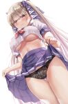  1girl absurdres azur_lane black_panties black_ribbon blush breasts classic_(zildjian33) clothes_lift commentary_request crop_top crop_top_overhang cropped_shirt dutch_angle formidable_(azur_lane) from_below hair_ribbon highres lace lace_panties large_breasts lifted_by_self long_hair looking_at_viewer looking_down midriff neckerchief no_bra panties pleated_skirt purple_skirt red_neckerchief revision ribbon school_uniform shirt short_sleeves skirt skirt_lift solo thigh_gap twintails underboob underwear uniform very_long_hair white_shirt 