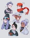  3boys 3girls beanie black_bow black_bowtie black_hair black_shirt bow bowtie bright_pupils brown_hair character_print closed_mouth commentary cyllene_(pokemon) dark-skinned_male dark_skin grey_eyes grey_hair grey_jacket hair_ornament hat highres hood hood_up jacket labcoat laventon_(pokemon) lian_(pokemon) mai_(pokemon) melli_(pokemon) multiple_boys multiple_girls notice_lines oratoza pokemon pokemon_(game) pokemon_legends:_arceus purple_headwear rei_(pokemon) scarf shirt short_hair smile sparkle ursaring white_pupils 