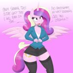  1:1 2022 anthro breasts cleavage clothed clothing english_text equid equine feathered_wings feathers female flutterthrash friendship_is_magic hair hasbro hi_res horn mammal multicolored_hair my_little_pony pink_body princess_cadance_(mlp) purple_eyes solo text thick_thighs undressing unicorn winged_unicorn wings 