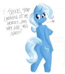  &lt;3 anthro anthrofied blue_body blue_hair blue_nipples blue_tail breasts butt cutie_mark equid equine eyelashes flutterthrash friendship_is_magic hair hasbro hi_res horn looking_back mammal medium_breasts my_little_pony nipples purple_eyes simple_background smile smirk text trixie_(mlp) unicorn white_background 