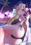  1girl aqua_eyes aqua_nails ass bangs bikini black_bikini blonde_hair blurry blurry_background blurry_foreground blush breasts cellphone chair closed_mouth collarbone commentary_request demon_horns demon_tail depth_of_field e-wing_(ewingillustrate) eyelashes feet_out_of_frame halterneck hand_up highres holding hololive horns large_breasts lens_flare long_hair looking_at_viewer lounge_chair lying nail_polish night night_sky on_side palm_tree phone poolside shadow shiny shiny_hair side-tie_bikini sky smartphone smile solo swept_bangs swimsuit tail thighs tree virtual_youtuber water yuzuki_choco 