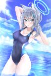  1girl absurdres animal_ear_fluff animal_ears bangs black_swimsuit blue_archive blue_eyes blue_sky breasts cloud competition_swimsuit covered_navel cross_hair_ornament day extra_ears grey_hair hair_ornament halo highres horizon low_ponytail medium_breasts medium_hair mismatched_pupils multicolored_clothes multicolored_swimsuit ocean one-piece_swimsuit outdoors reneua shiroko_(blue_archive) shiroko_(swimsuit)_(blue_archive) sky soaking_feet solo swimsuit water 