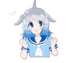  1girl 54_3nu :t blowhole blue_eyes blue_hair blue_shirt blush choker clenched_hands common_bottlenose_dolphin_(kemono_friends) dolphin_girl dorsal_fin grey_hair kemono_friends multicolored_hair neckerchief pouch sailor_collar shirt short_hair short_sleeves solo symbol-only_commentary t-shirt upper_body white_choker white_neckerchief 