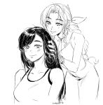  2girls aerith_gainsborough blush braid breasts collarbone dress final_fantasy final_fantasy_vii greyscale hands_on_another&#039;s_head highres irene_koh leaning_forward medium_breasts monochrome multiple_girls parted_lips sketch smile tifa_lockhart twitter_username 