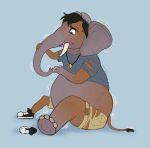  african_elephant anthro belly black_hair clothed clothing elephant elephantid hair hi_res human human_to_anthro male mammal mid_transformation overweight overweight_anthro overweight_male pendant proboscidean sitting solo species_transformation tail_tuft tf4me thick_thighs torn_clothing transformation trunk tuft tusks weight_gain worried 